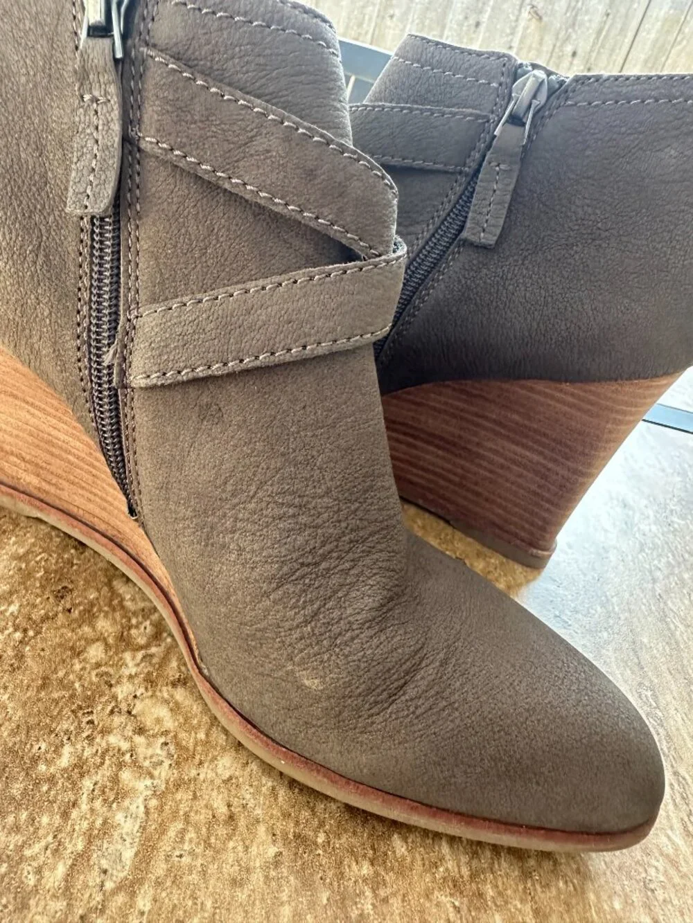 SARTO by Franco Sarto Norfolk Taupe Leather Wedge Booties - Size 9.5